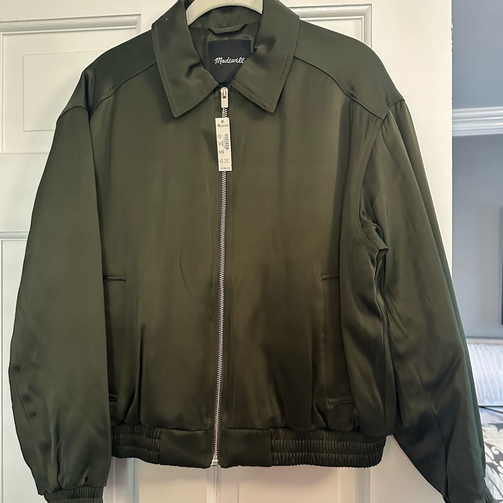 Madewell army green satin bomber jacket